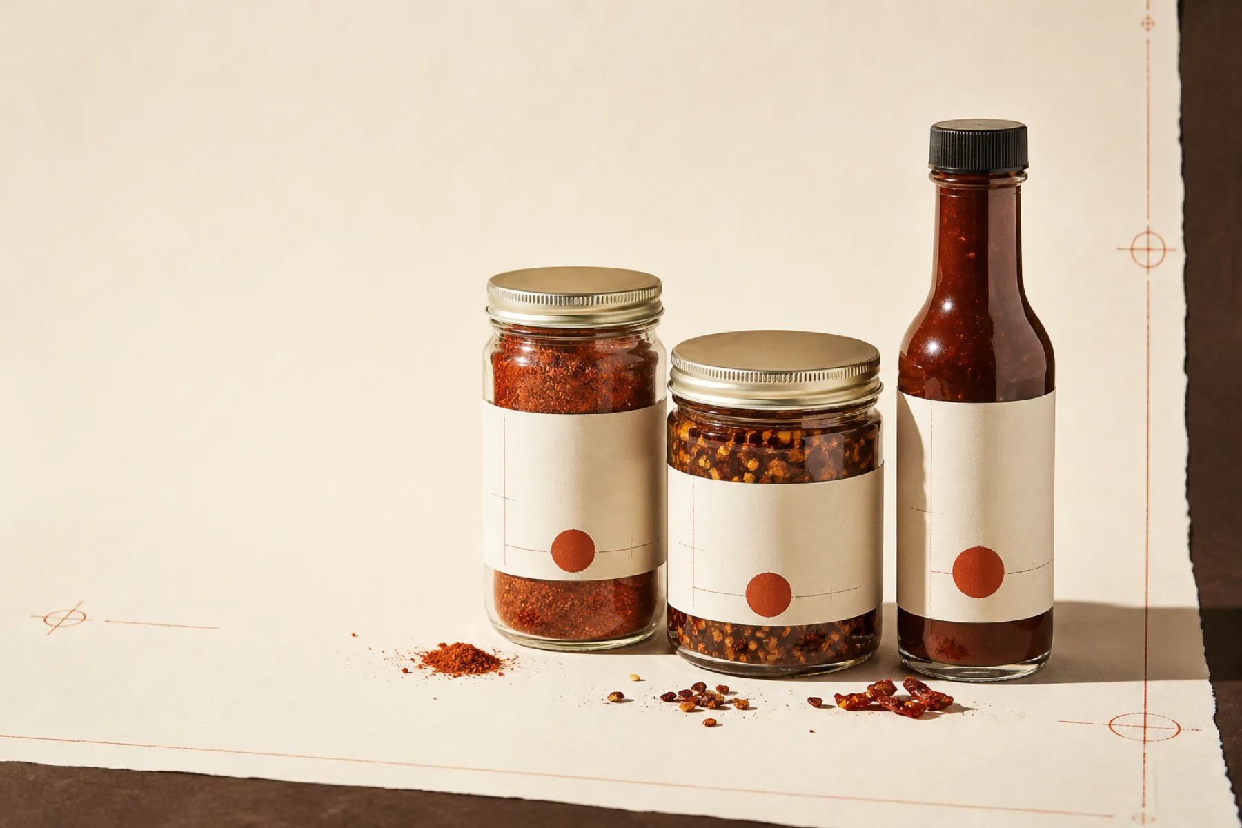 Three sample First Batch pantry products: barbecue rub, chili crunch, and hot sauce